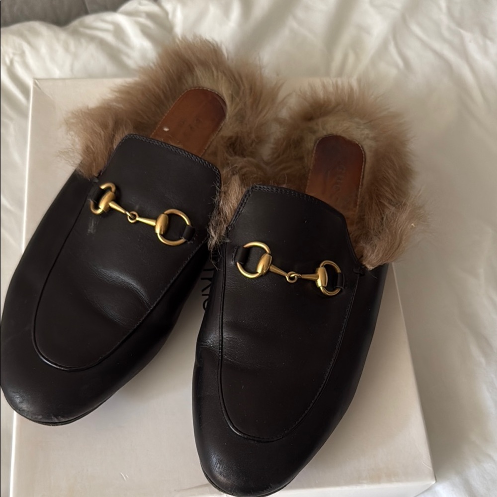 Black Fur-Lined Loafers with Gold Accents